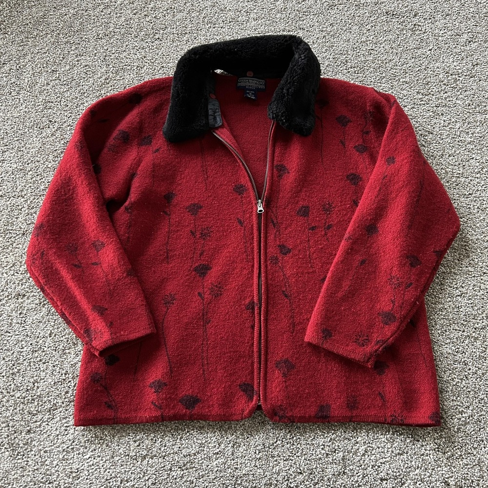 Newton Trading Co Jacket Womens 1X Red Wool Floral Fur Collar Zip Mid Length
